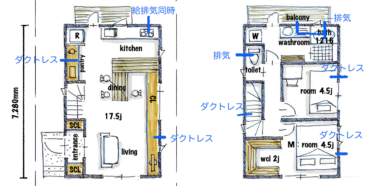 規格住宅の換気計画スケッチ